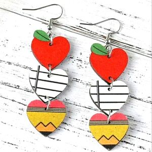 Heart Shaped Apple, Notebook Paper & Pencil Earrings